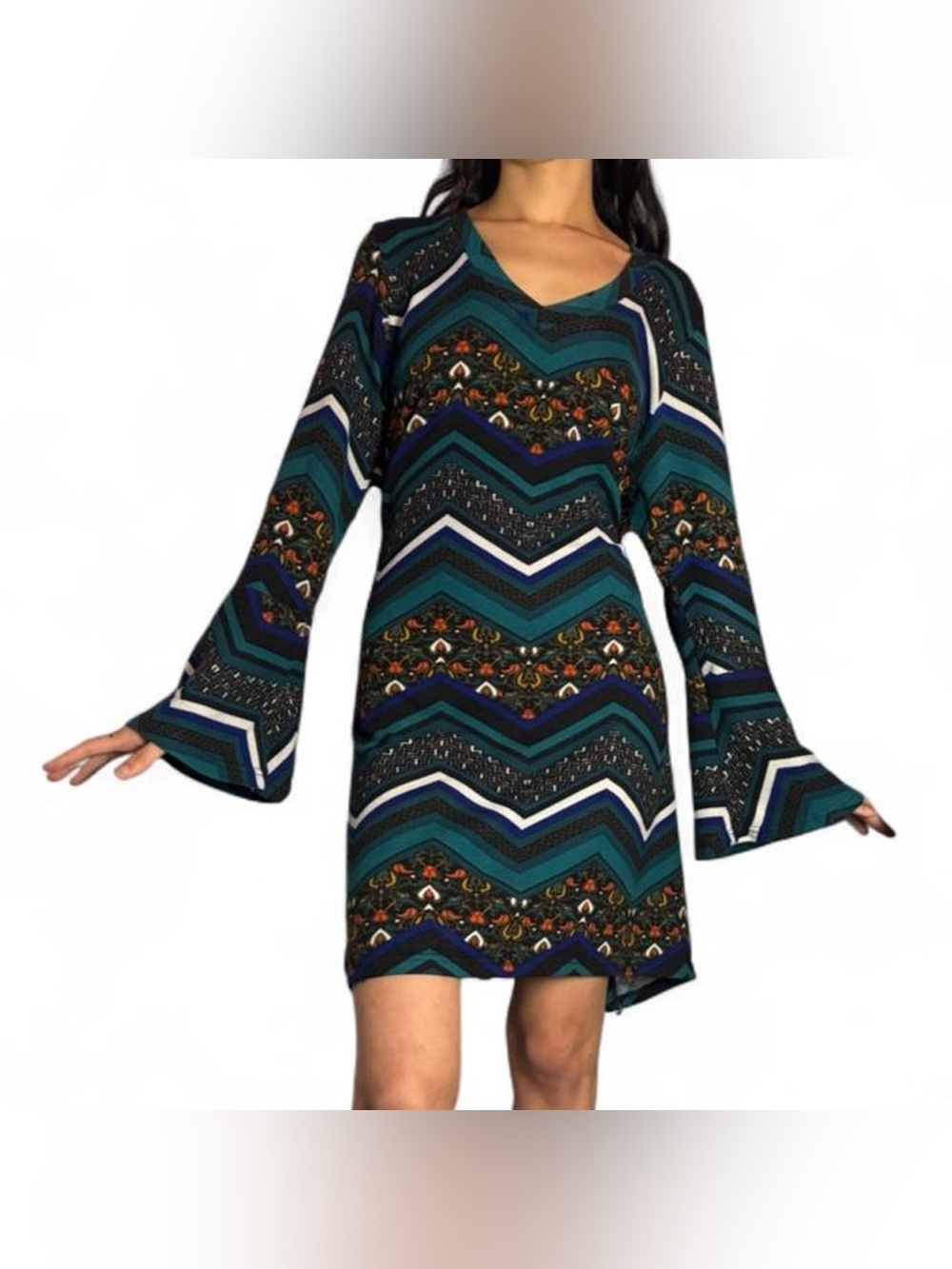 Boho Patterned Tunic Dress W Bell Sleeves by Win Win